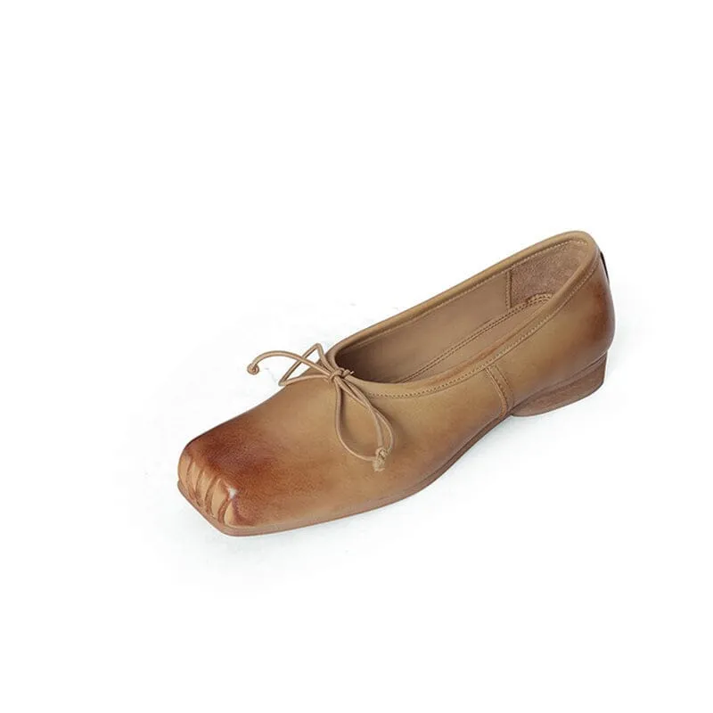 All Leather Ballet Flats with Bow Square Toe in Black/Apricot