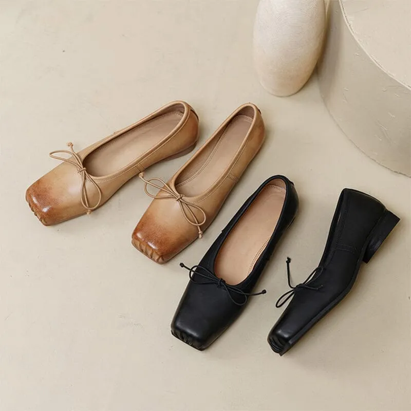 All Leather Ballet Flats with Bow Square Toe in Black/Apricot