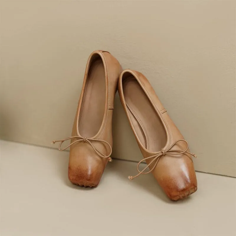 All Leather Ballet Flats with Bow Square Toe in Black/Apricot