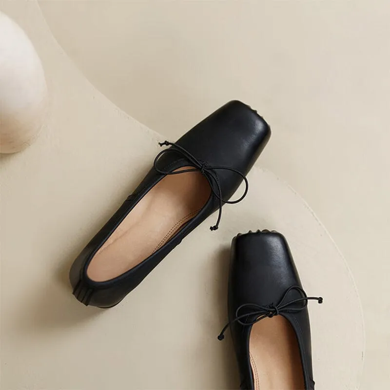 All Leather Ballet Flats with Bow Square Toe in Black/Apricot