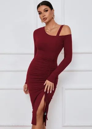 Asymmetrical Shoulder Ribbed Midi Dress