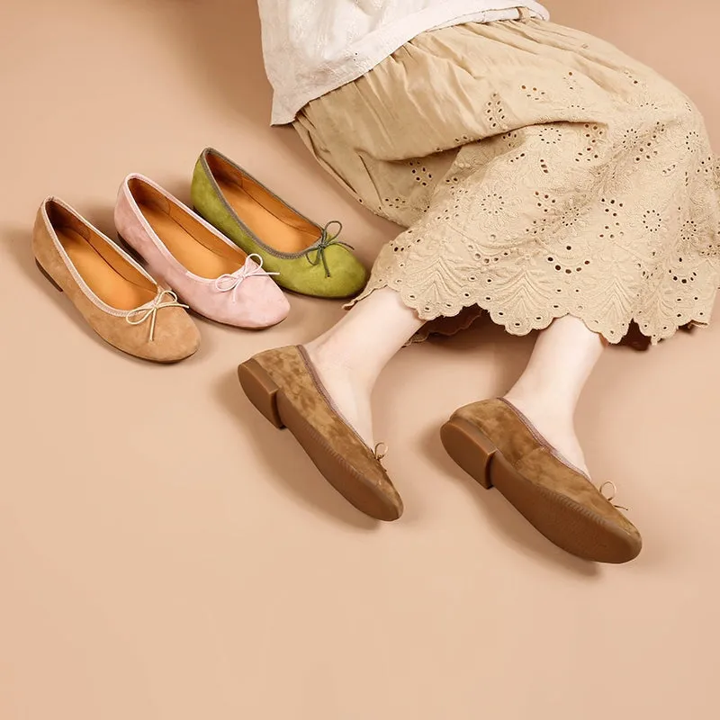 Bow-Detail Round Toe Suede Sheepskin Ballerina Shoes in Green/Pink/Khaki/Apricot/Yellow