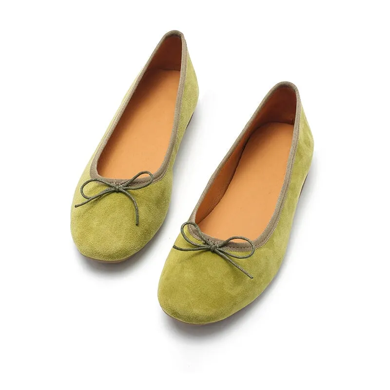 Bow-Detail Round Toe Suede Sheepskin Ballerina Shoes in Green/Pink/Khaki/Apricot/Yellow