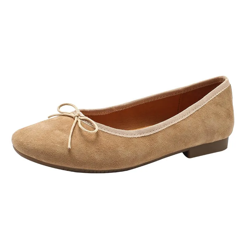 Bow-Detail Round Toe Suede Sheepskin Ballerina Shoes in Green/Pink/Khaki/Apricot/Yellow