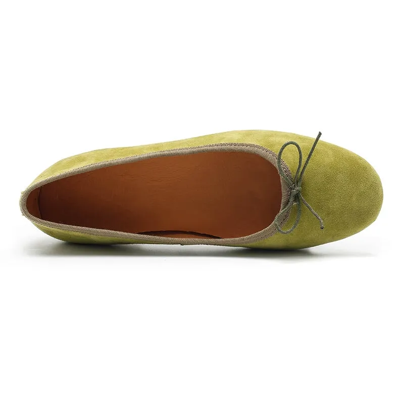 Bow-Detail Round Toe Suede Sheepskin Ballerina Shoes in Green/Pink/Khaki/Apricot/Yellow