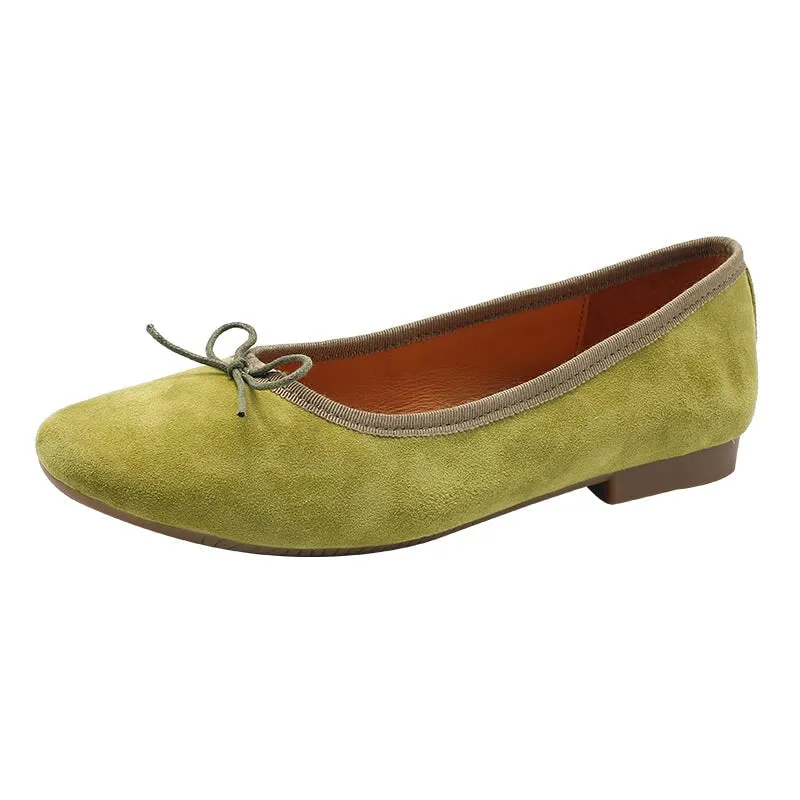 Bow-Detail Round Toe Suede Sheepskin Ballerina Shoes in Green/Pink/Khaki/Apricot/Yellow