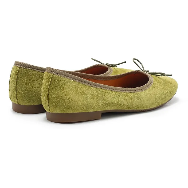 Bow-Detail Round Toe Suede Sheepskin Ballerina Shoes in Green/Pink/Khaki/Apricot/Yellow