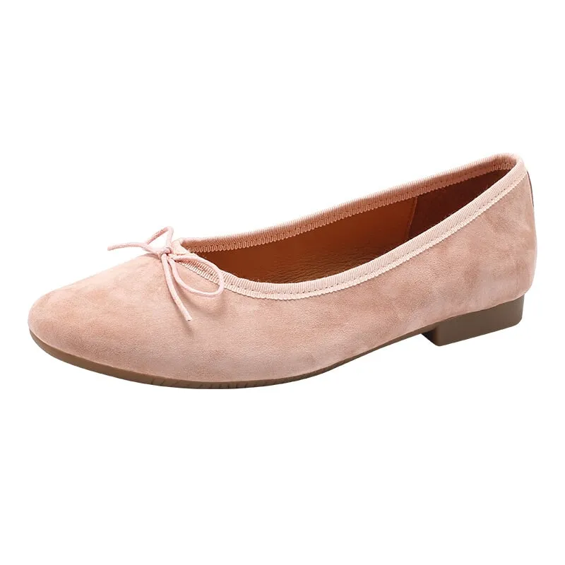 Bow-Detail Round Toe Suede Sheepskin Ballerina Shoes in Green/Pink/Khaki/Apricot/Yellow