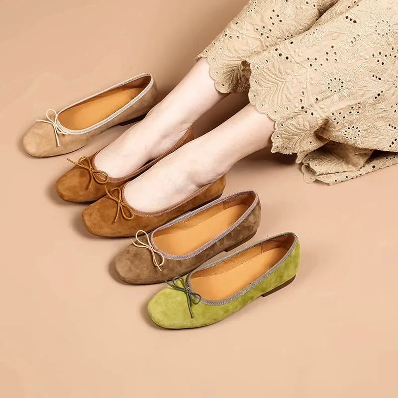 Bow-Detail Suede Leather Slip-on For Women Handmade Soft Flats Green/Yellow/Khaki/Apricot/Pink