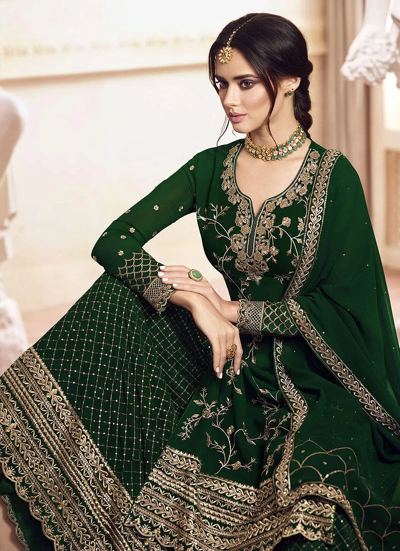 Dark Green Golden Embroidered Gharara Suit