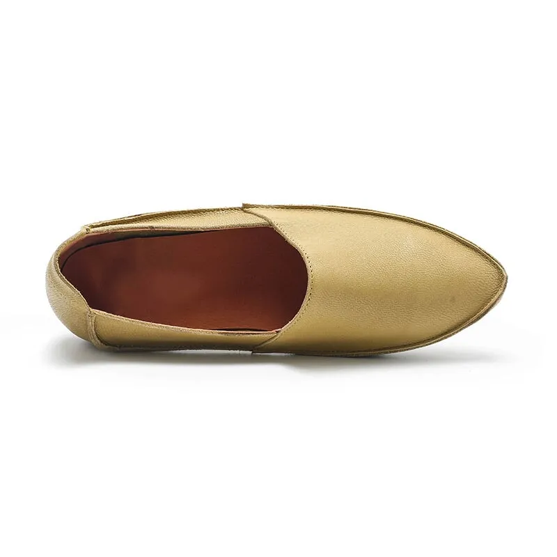 Designer Genuine Leather Slip-on For Women Handmade Pointed Toe Flats in Green/Brown/Beige