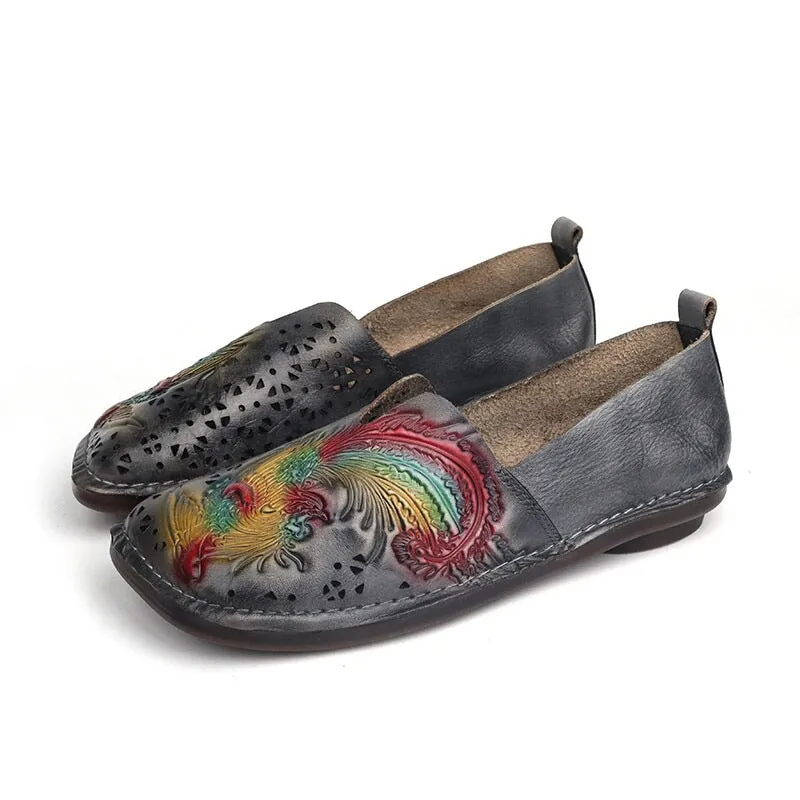 Flats Shoes Women Hollow-Out Phoenix Pattern Loafers in Gray/Coffee