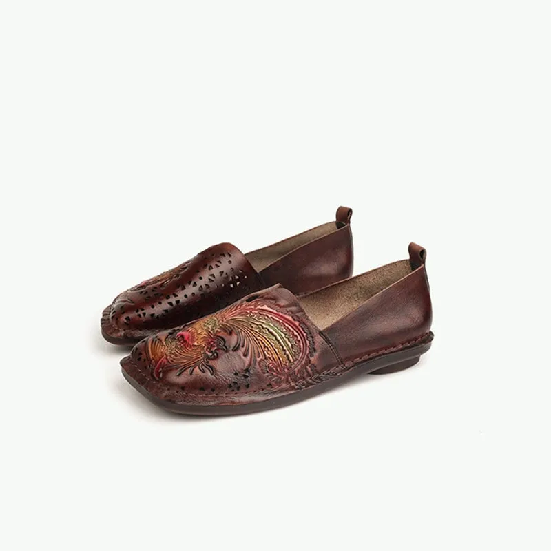 Flats Shoes Women Hollow-Out Phoenix Pattern Loafers in Gray/Coffee