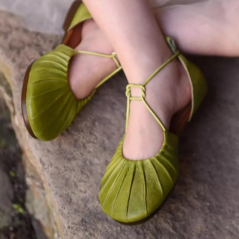 Genuine Leather Flats For Women Folded Round Toe Cut Out in Green/Coffee