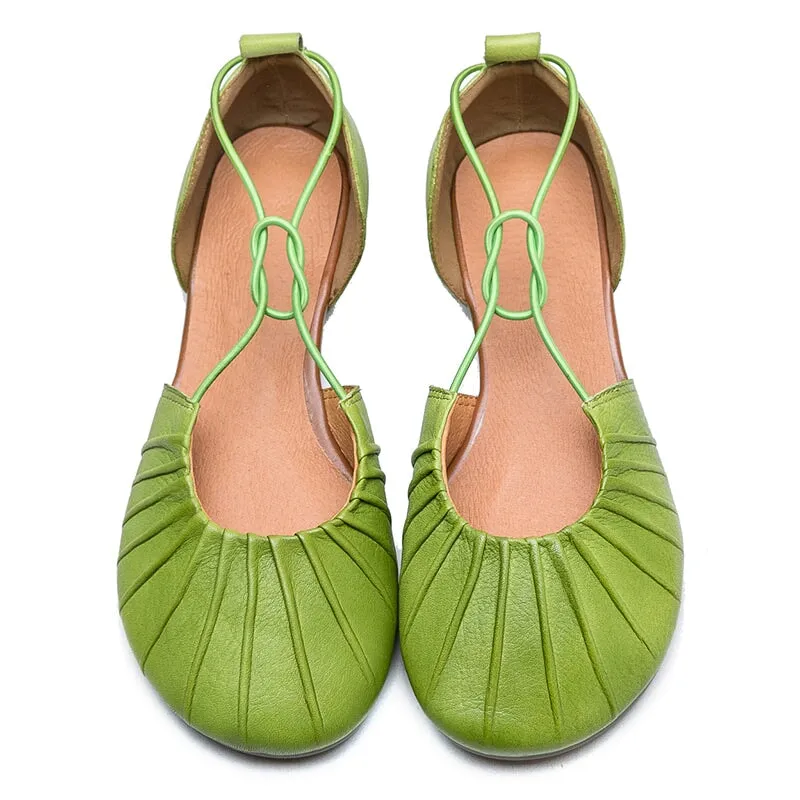 Genuine Leather Flats For Women Folded Round Toe Cut Out in Green/Coffee