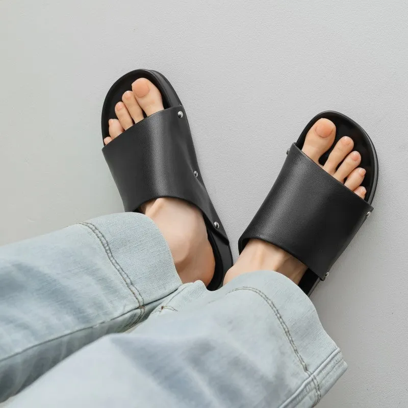 Handcrafted Leather Flats Peep Toe Summer Slippers in Black/Brown