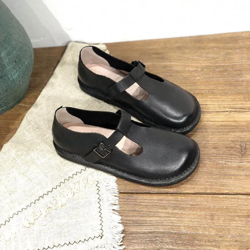 Handmade Leather Flat Mary Jane Shoes For Womens Round Toe  Retro Buckle Sandals Black/Coffee