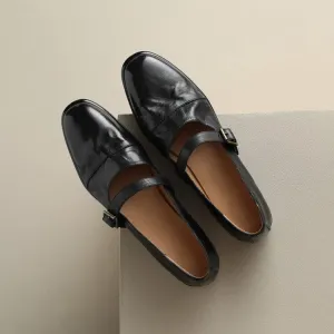 Handmade Leather Mary Jane Flats Ballerina Shoes in Black/Brown