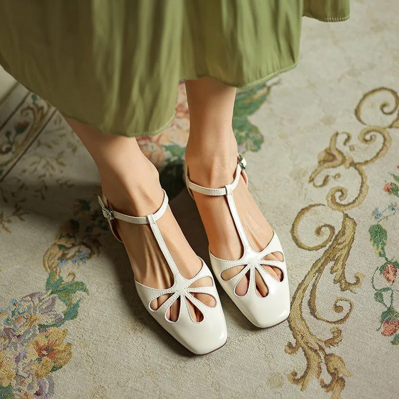 Handmade Sandals Mary Jane Flats T Strap Detail in Red/Beige/Silver