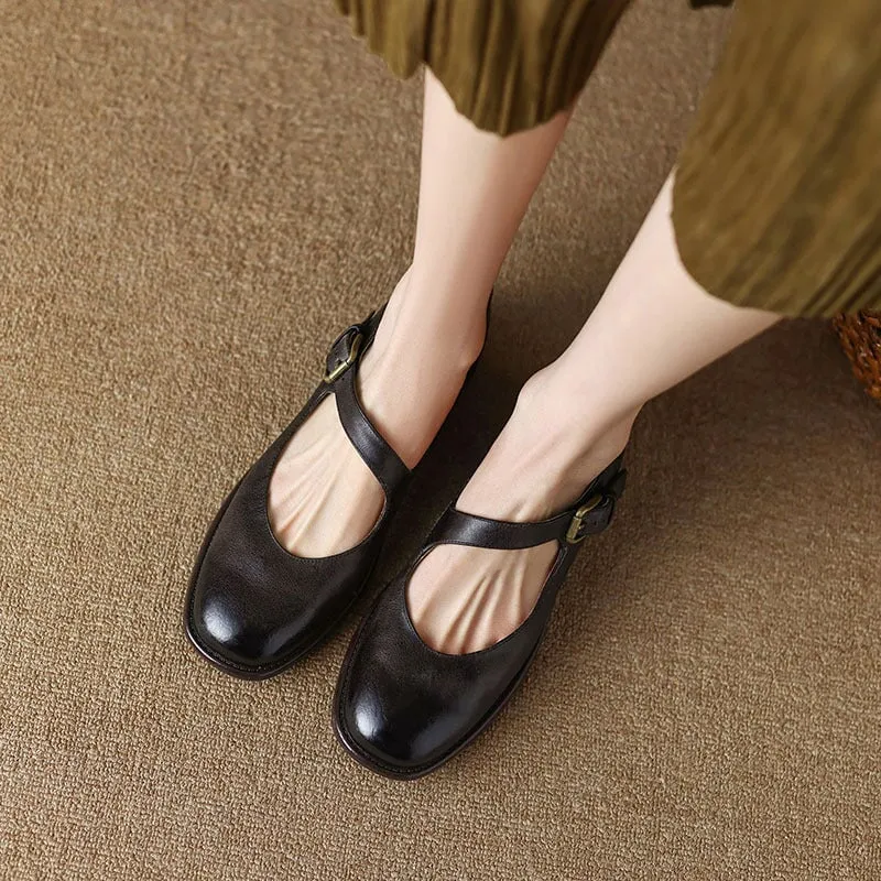 Handmade Soft Leather Mary Jane Flats in Black/Brown