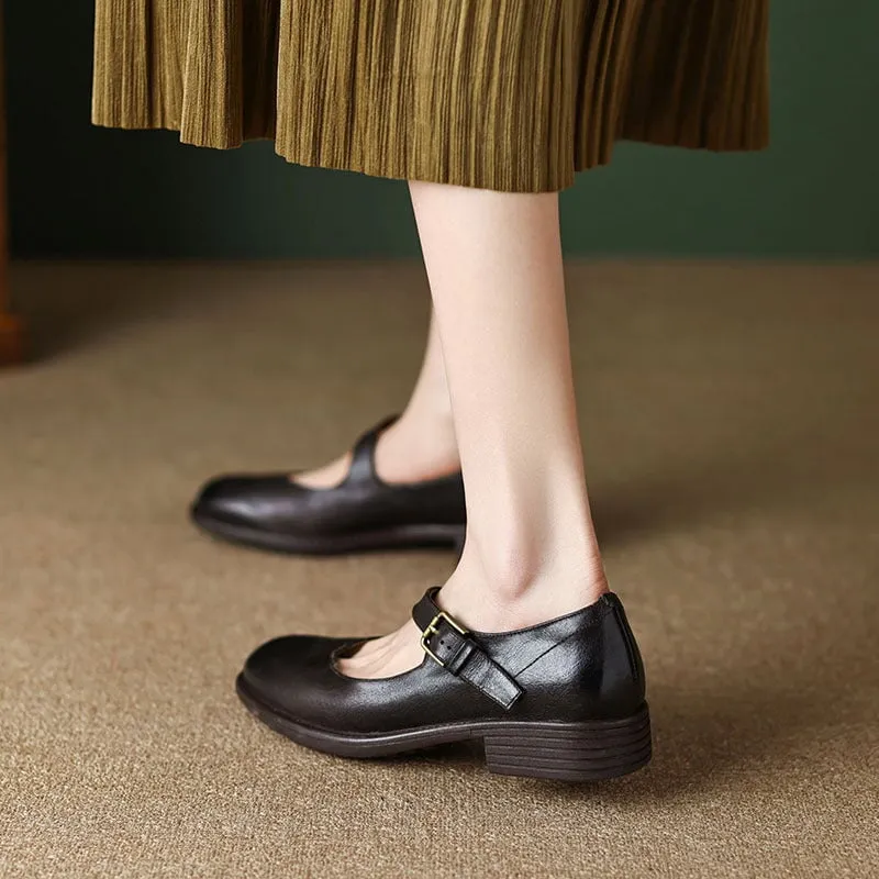 Handmade Soft Leather Mary Jane Flats in Black/Brown