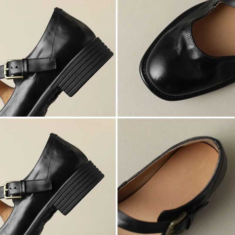 Handmade Soft Leather Mary Jane Flats in Black/Brown