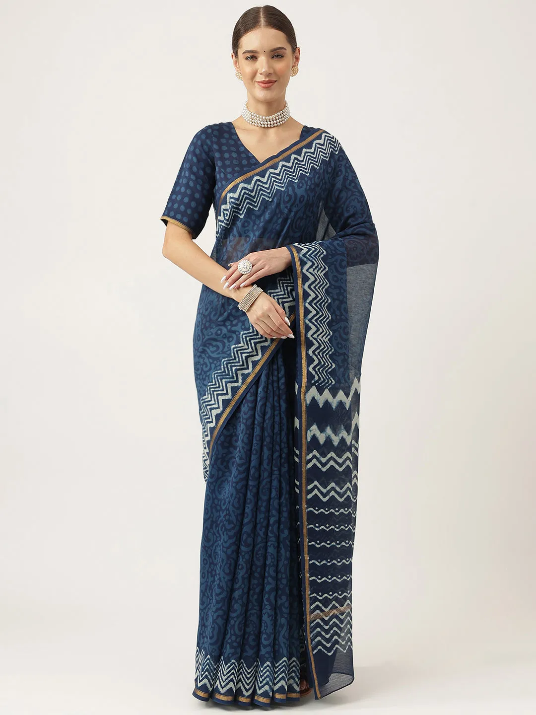 Jashvi Indigo blue HandBlock Chanderi Silk Saree