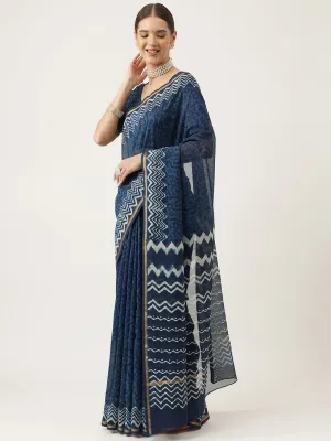 Jashvi Indigo blue HandBlock Chanderi Silk Saree