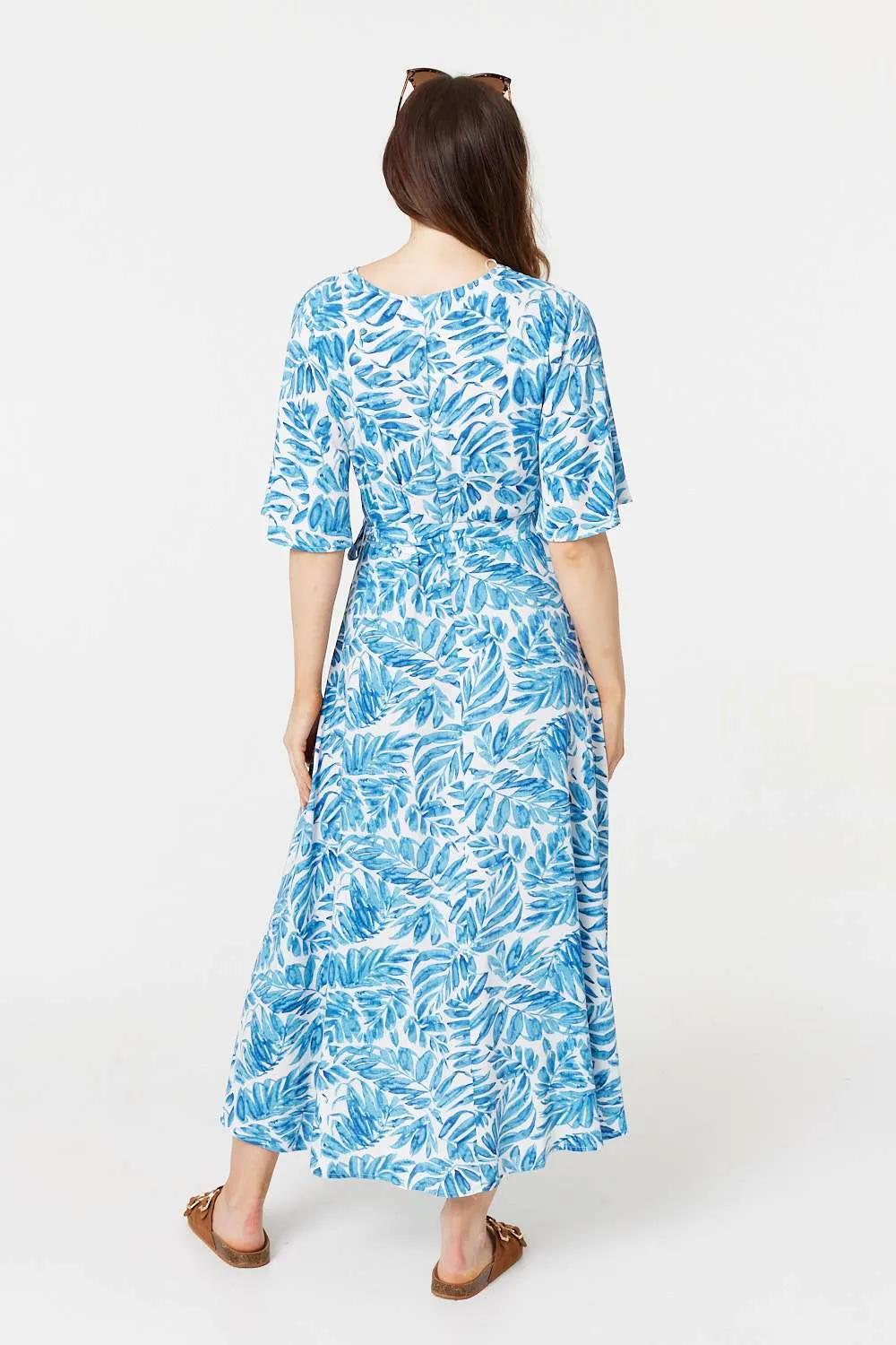 Leaf Print 1/2 Sleeve Wrap Dress