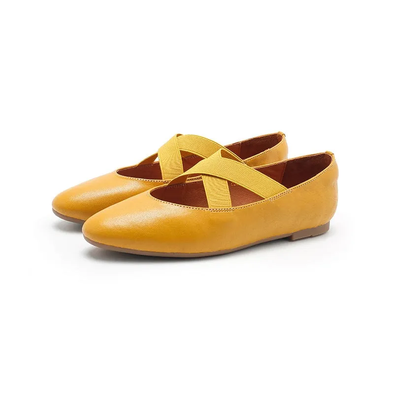 Leather Ballet Flats with Cross-Strap Point Toe in Black/Beige/Apricot/Yellow/Khaki