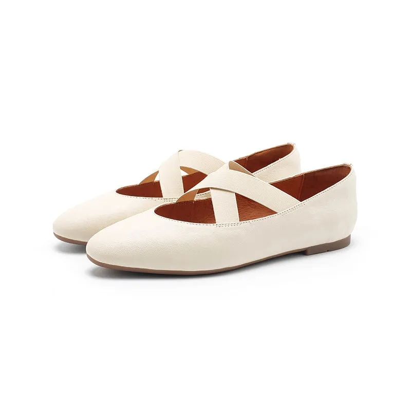 Leather Ballet Flats with Cross-Strap Point Toe in Black/Beige/Apricot/Yellow/Khaki