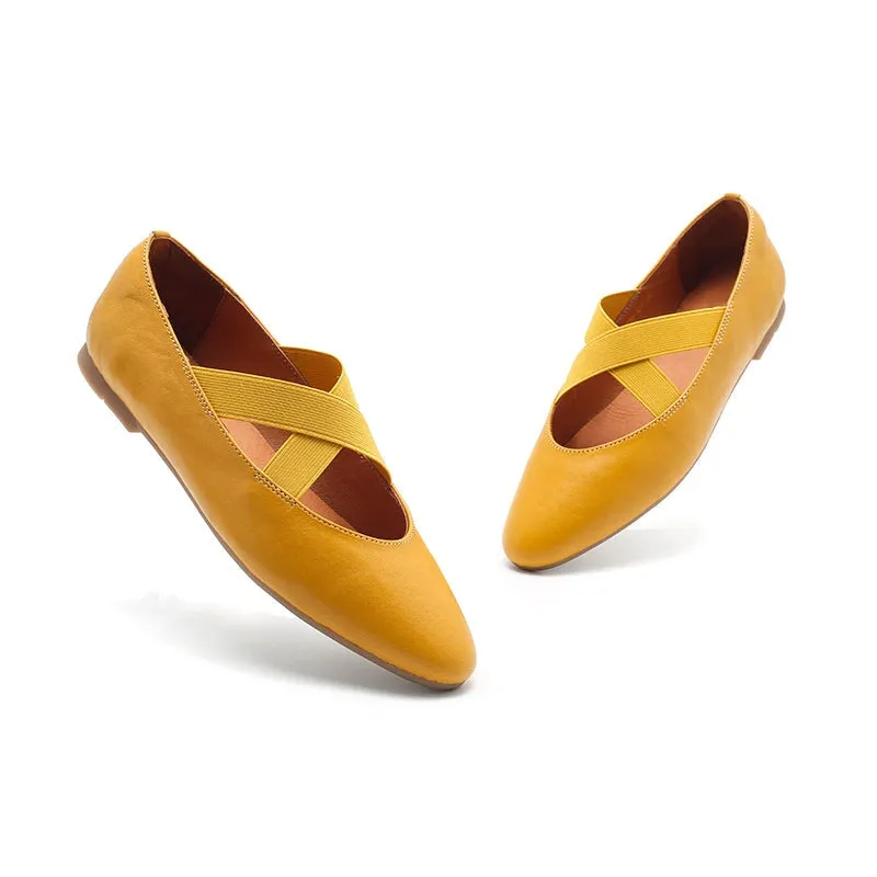 Leather Ballet Flats with Cross-Strap Point Toe in Black/Beige/Apricot/Yellow/Khaki