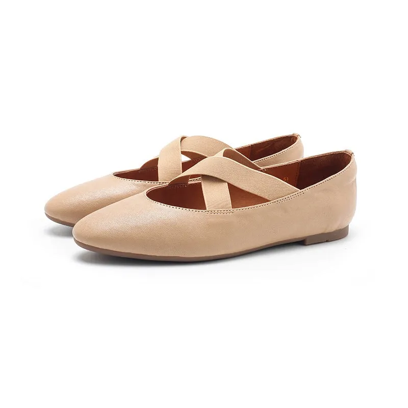 Leather Ballet Flats with Cross-Strap Point Toe in Black/Beige/Apricot/Yellow/Khaki