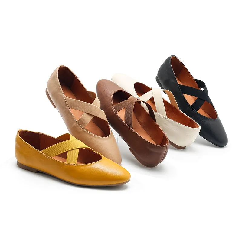 Leather Ballet Flats with Cross-Strap Point Toe in Black/Beige/Apricot/Yellow/Khaki