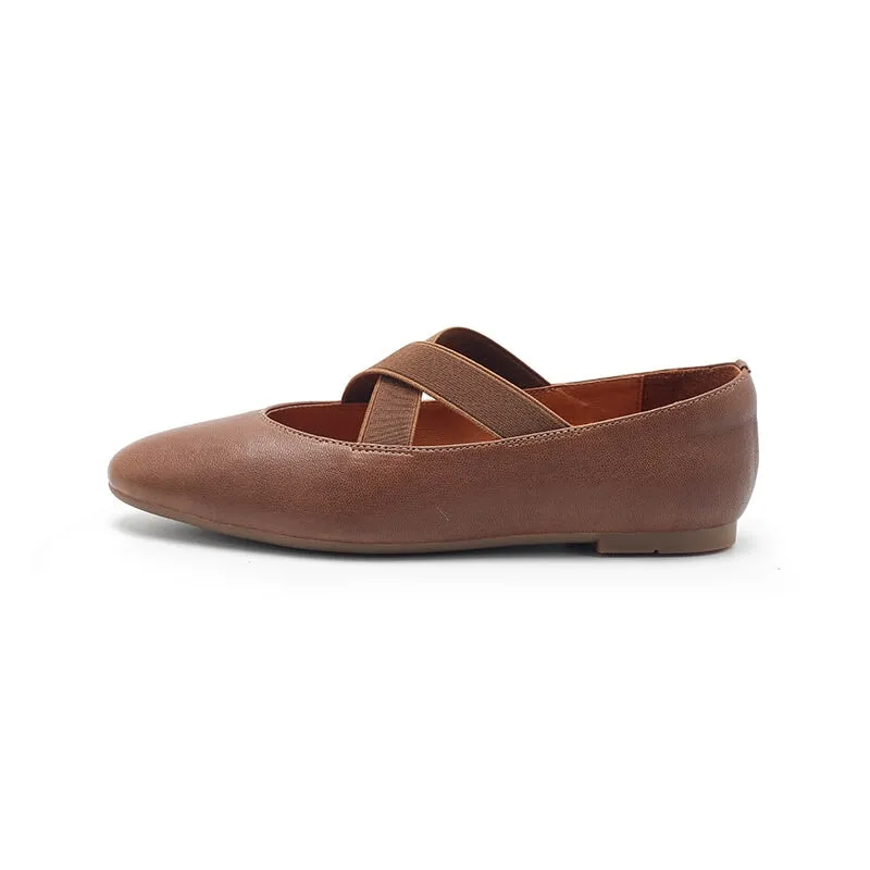 Leather Ballet Flats with Cross-Strap Point Toe in Black/Beige/Apricot/Yellow/Khaki