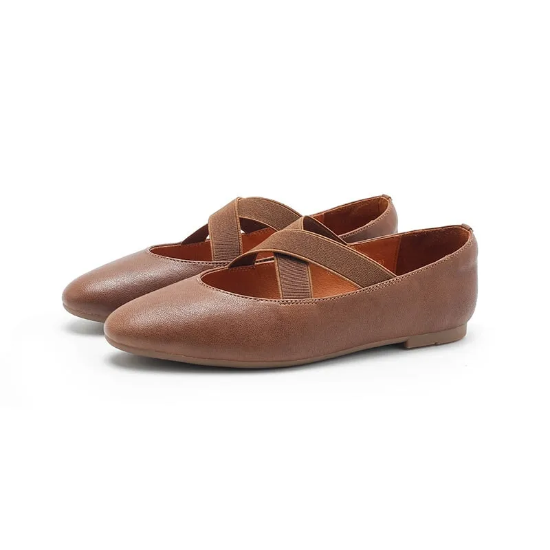 Leather Ballet Flats with Cross-Strap Point Toe in Black/Beige/Apricot/Yellow/Khaki