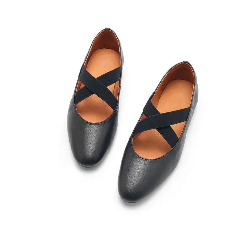 Leather Ballet Flats with Cross-Strap Point Toe in Black/Beige/Apricot/Yellow/Khaki