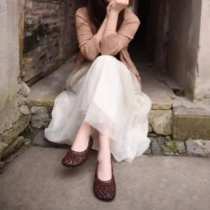 Leather Woven Flats Round Toe with Block Heel in Apricot/Coffee