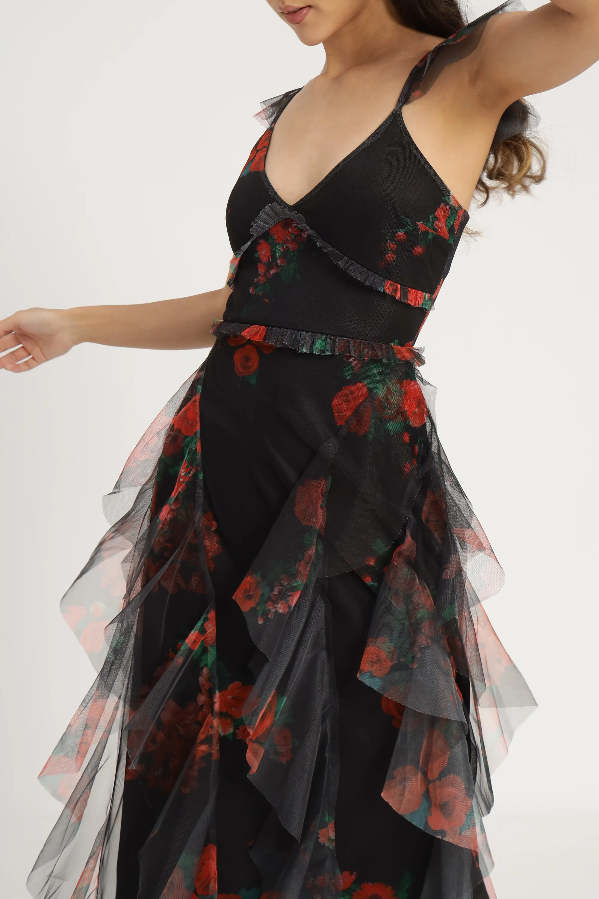 Malin Maxi Dress in Black and Red Floral