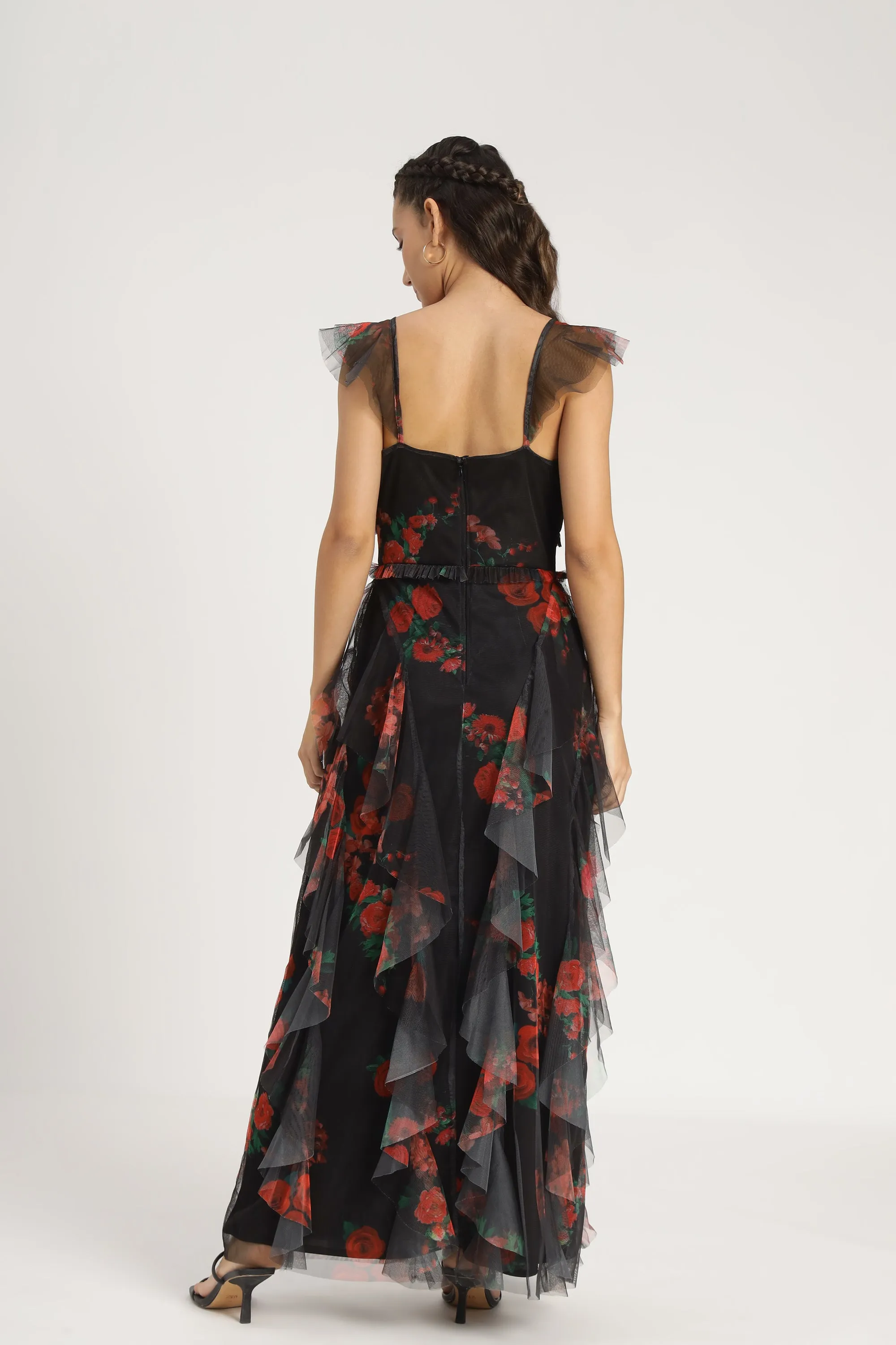 Malin Maxi Dress in Black and Red Floral