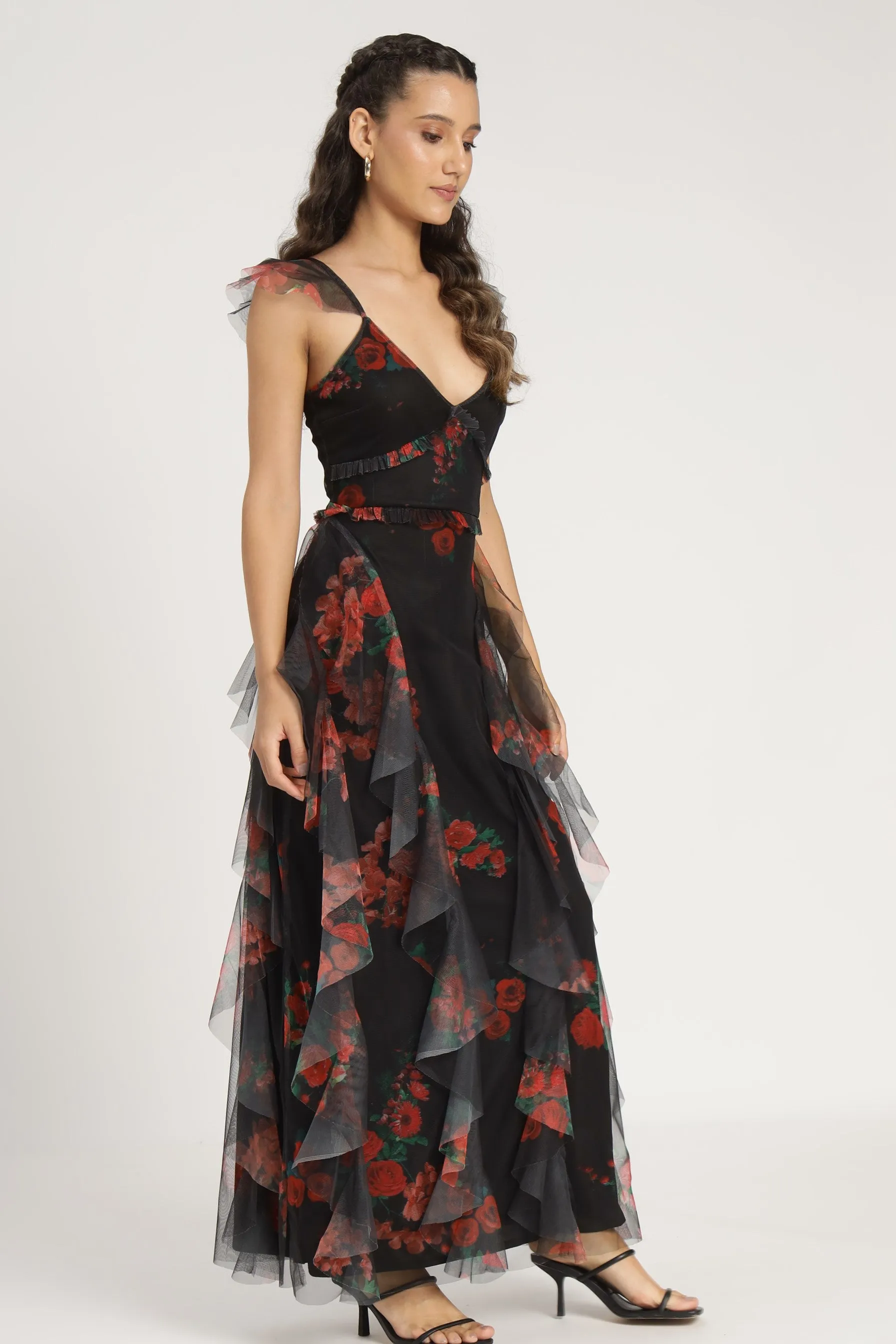 Malin Maxi Dress in Black and Red Floral