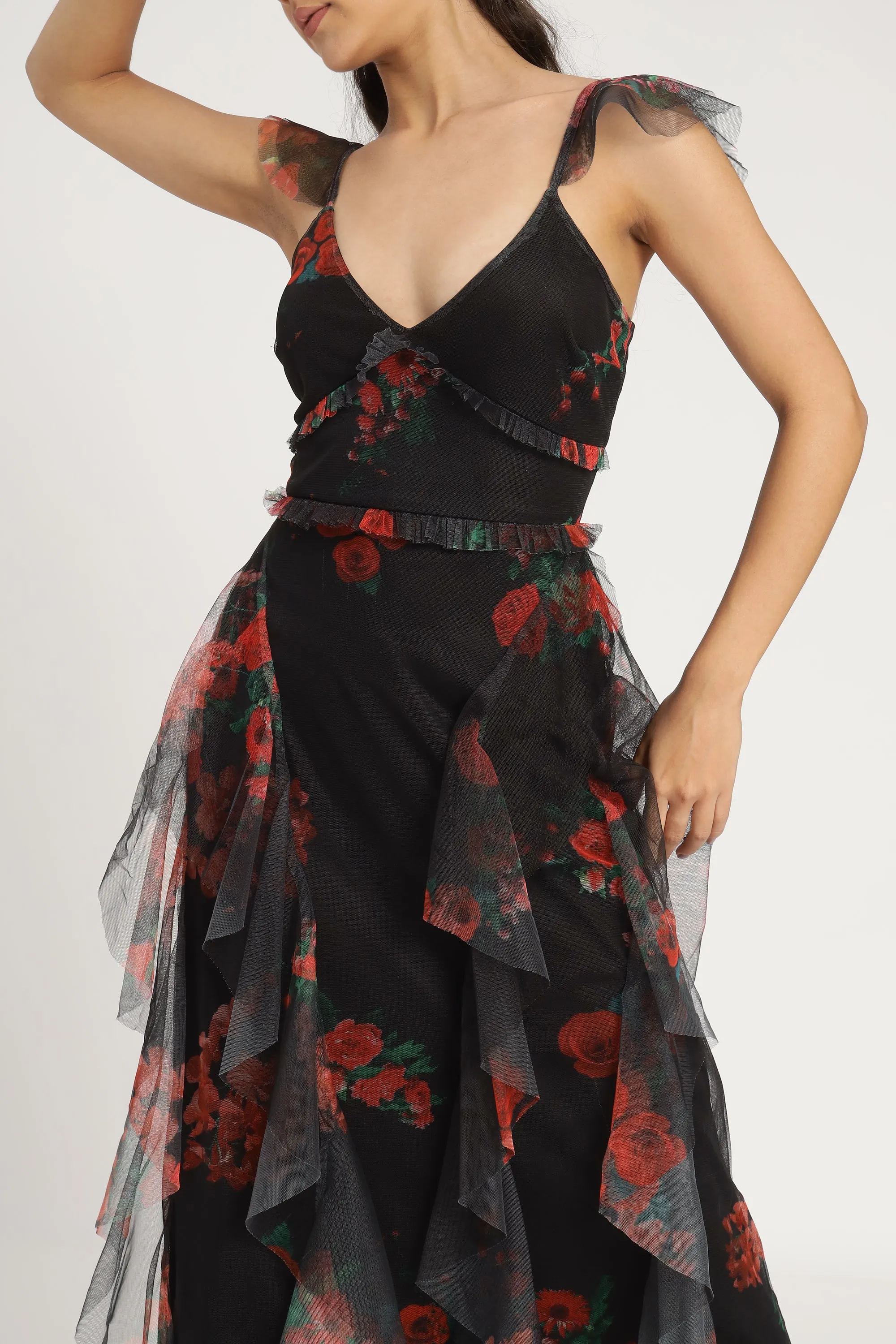 Malin Maxi Dress in Black and Red Floral