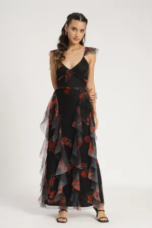 Malin Maxi Dress in Black and Red Floral