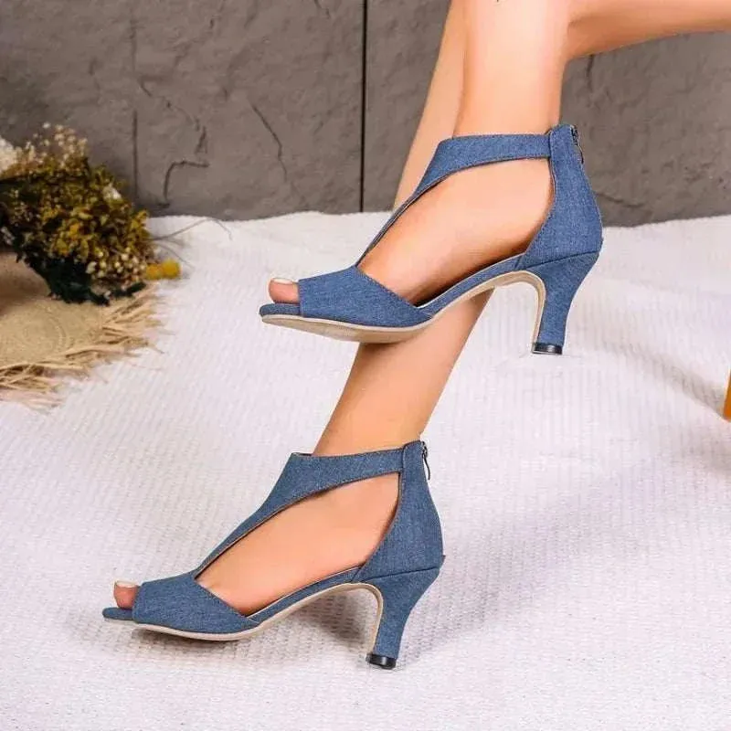 Party Wear Heels - Women Denim Rome Sandals, Sexy Open Toe High Heels