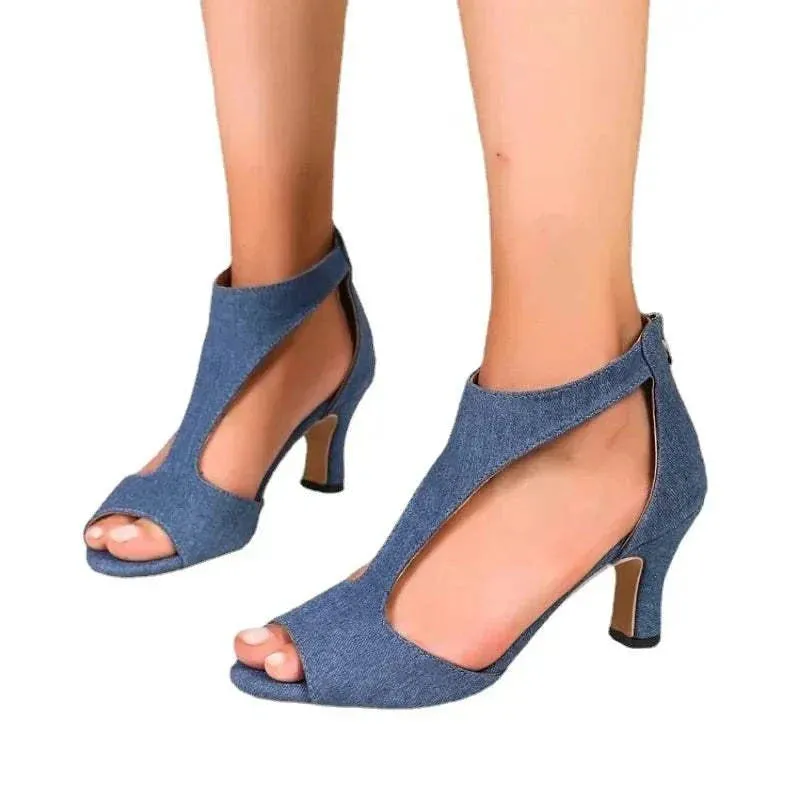 Party Wear Heels - Women Denim Rome Sandals, Sexy Open Toe High Heels