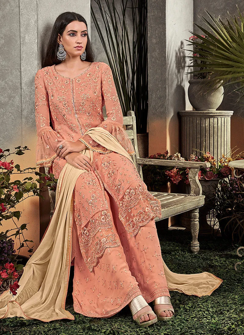 Peach And Beige Floral Embroidered Palazzo Suit