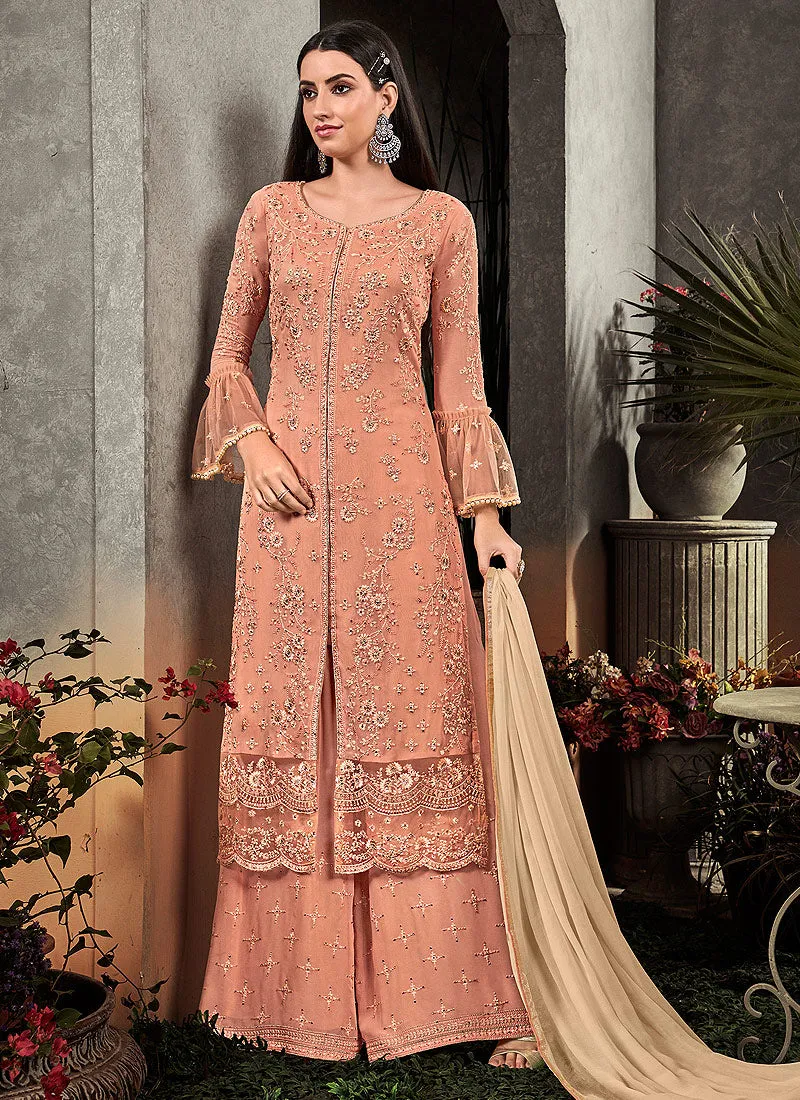 Peach And Beige Floral Embroidered Palazzo Suit