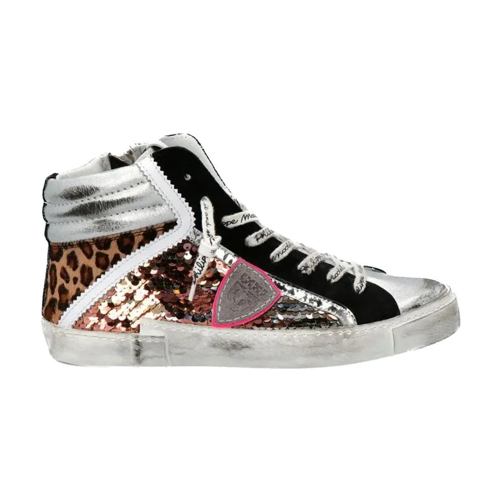 Philippe Model Elegant Gray Leather Sneakers with Sequin Details