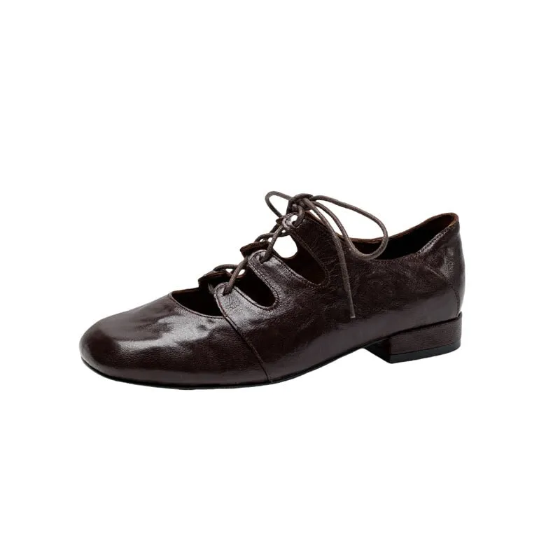 Retro Lace Up Sheepskin Shoes For Women Square Toe Flats in Black/Coffee