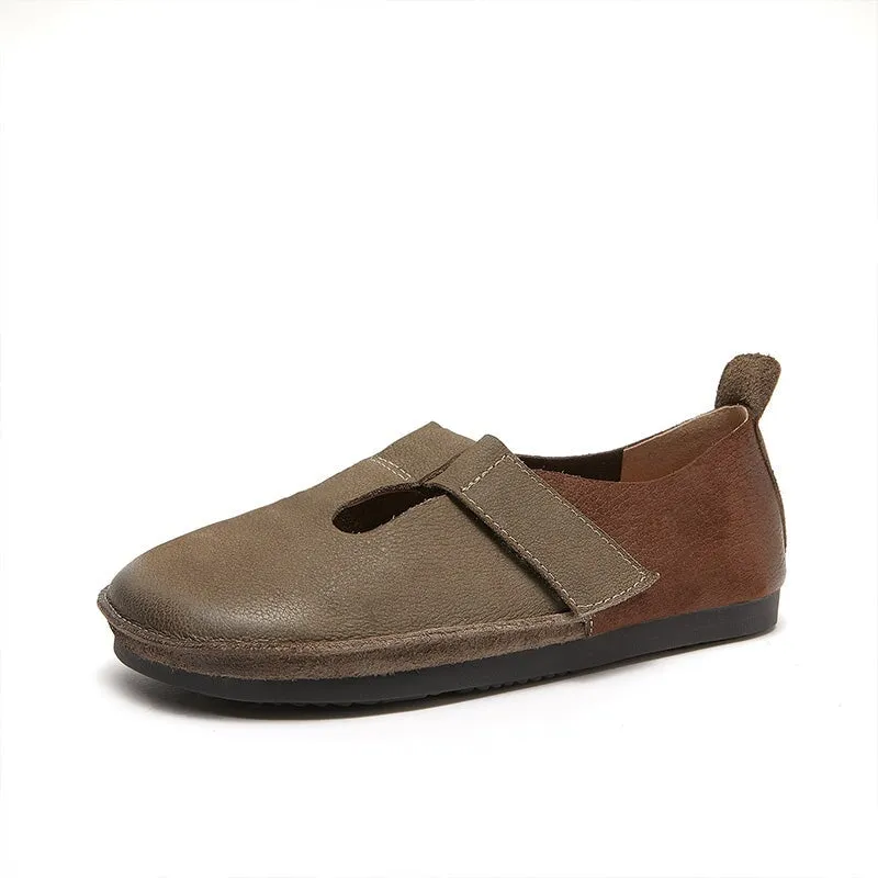 Soft Leather Flat T Strap Mary Jane Shoes Round Toe in Brown/Coffee